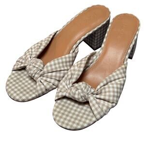 J. Crew White Green Gingham Knotted 2.5" Block Heel Sandal Slip-Ons Retro - 7.5